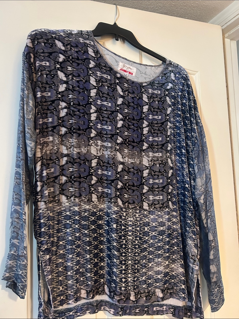 Johnny Was Blue and Gray Mixed-Print Long Sleeve Top